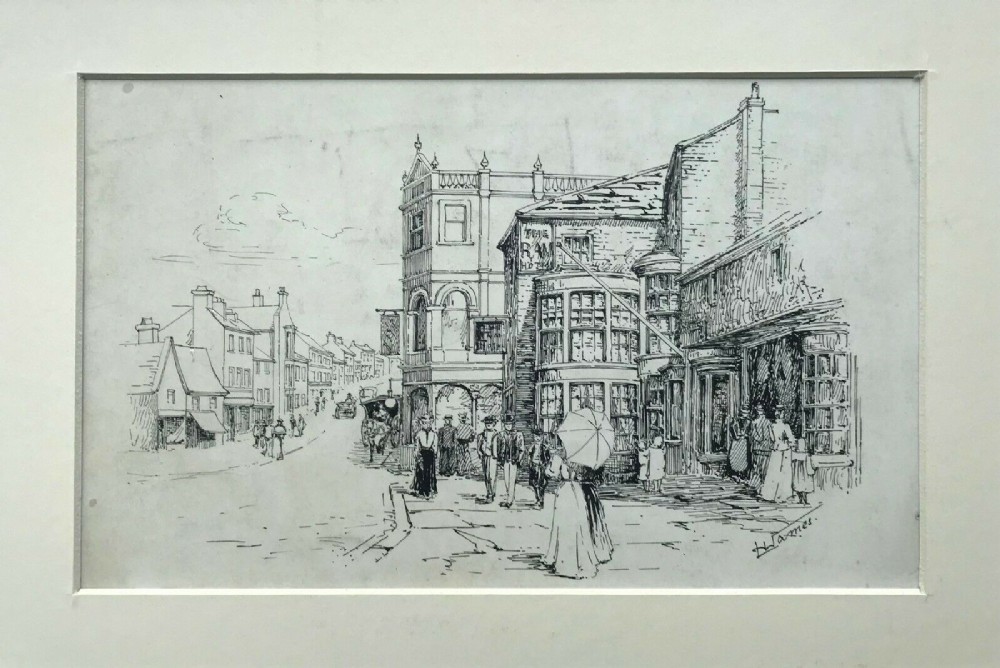 Signed Original Antique Ink Drawing Doncaster High Street from J S Flethcher's 1901 Book 