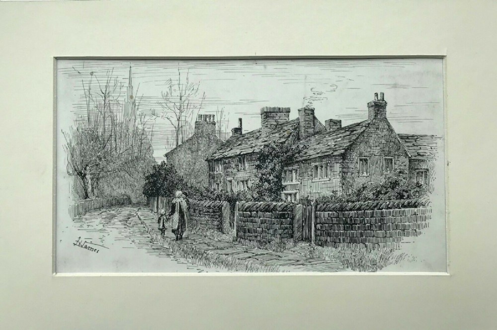 Signed Original Antique Pen Ink Drawing Oulton Village A Book Illustration for J S Fletcher's 1901 