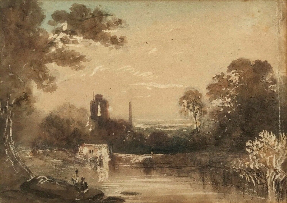 Circle of JMW Turner Framed Original Early 19th Century Antique Watercolour Painting Lake Castle & Figures