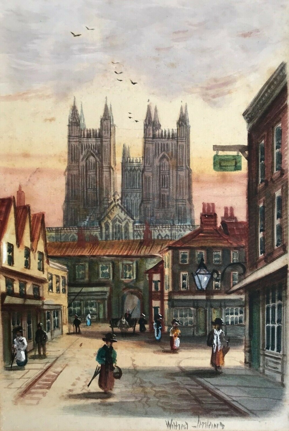 Wilfred Bosworth Jenkins Original 19th Century English Antique Watercolour Painting Lincoln Cathedral Landscape