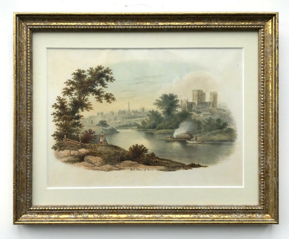 Original early 19th Century English Antique Watercolour Painting N East View of York Inscribed & Dated 1824 Yorkshire Landscape