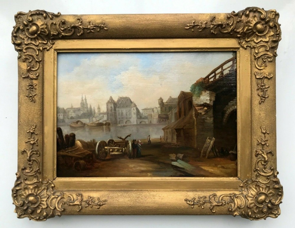 Original Early 19th Century Antique Oil Painting on Oak Panel 'View of the Rhone',  English School