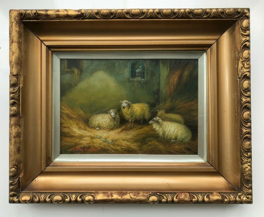 Signed A Jackson Original 19th Century English Antique Oil Painting on Board Sheep in a Barn 2