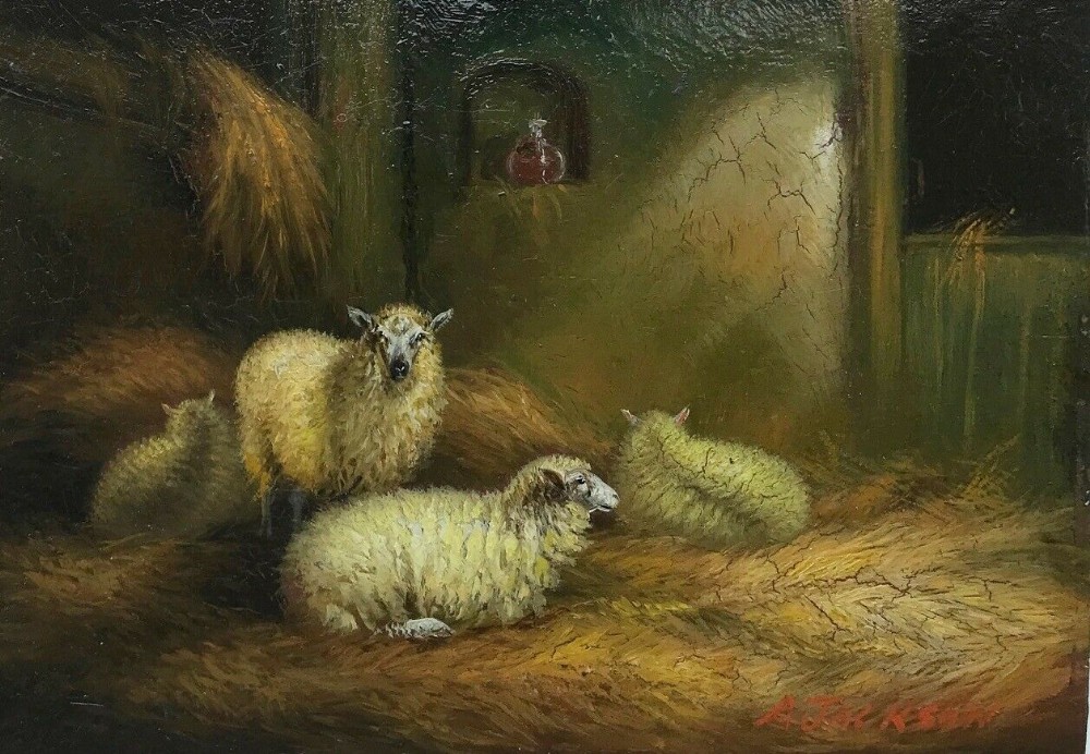 Signed A Jackson Original 19th Century English Antique Oil Painting on Board Sheep in a Barn 1