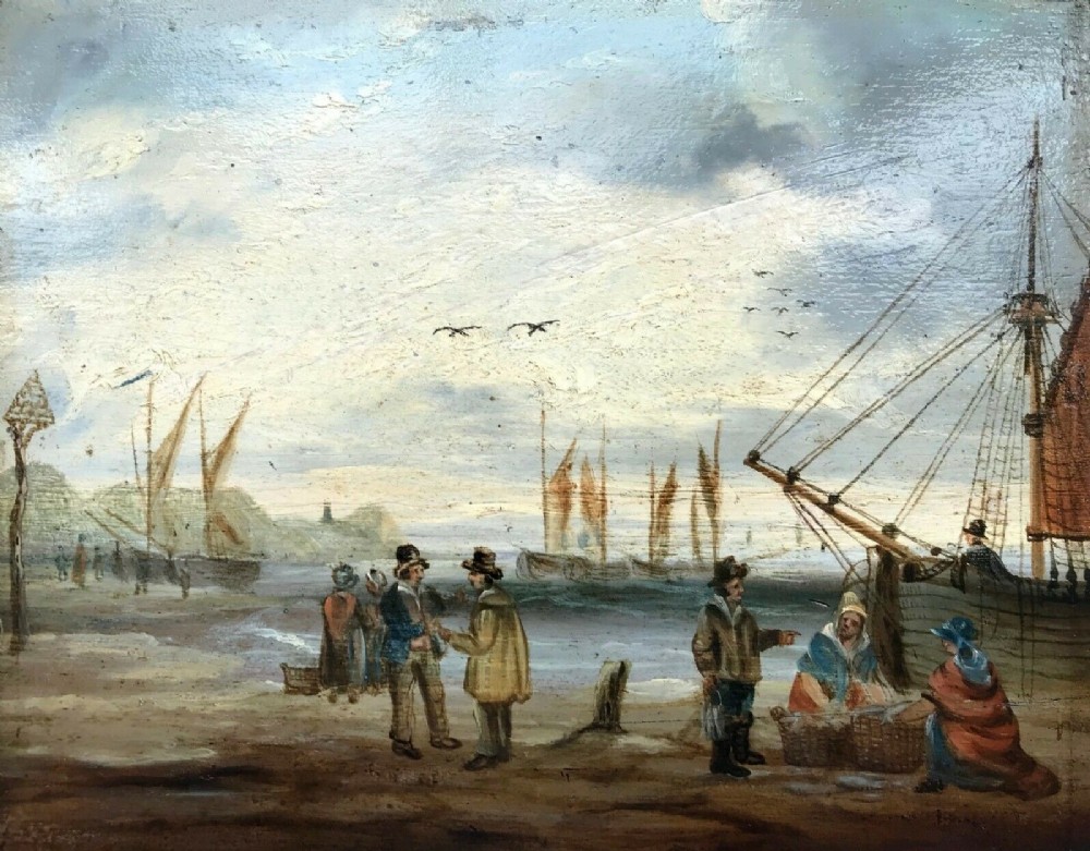 Original Early 19th Century Antique Oil Painting on Wood Panel Fisherfolk by the Quayside British School Seascape