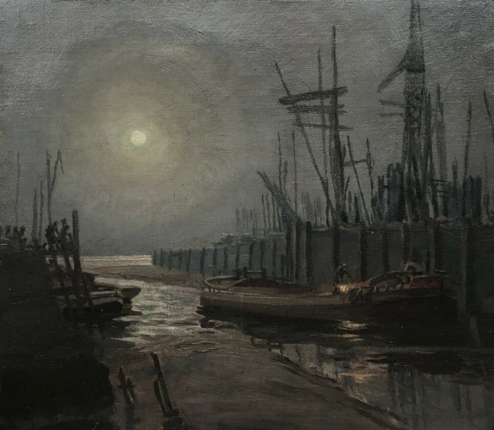 Style of Atkinson Grimshaw & Walter Meegan Original Antique English Oil Painting on Canvas Moonlight Dock possibly Liverpool
