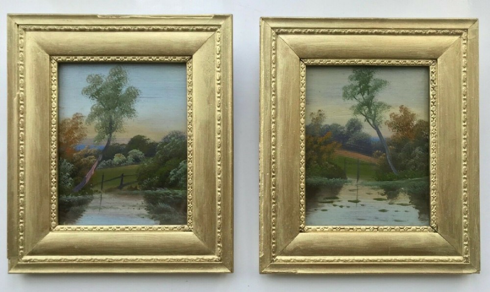 A PAIR of Oil Original Antique Oil Paintings on Wood Panels of River Landscape Scenes
