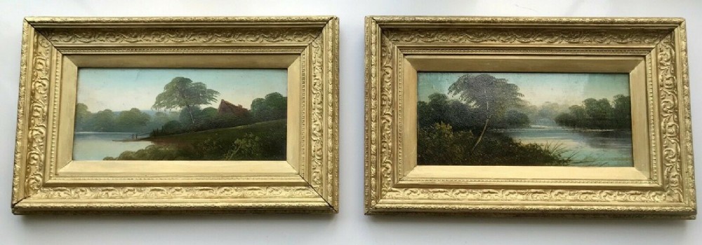 Pair of Antique Landscape Paintings Decorative Gilt Wooden Period Frames (Rebate) 43 x 23 cm