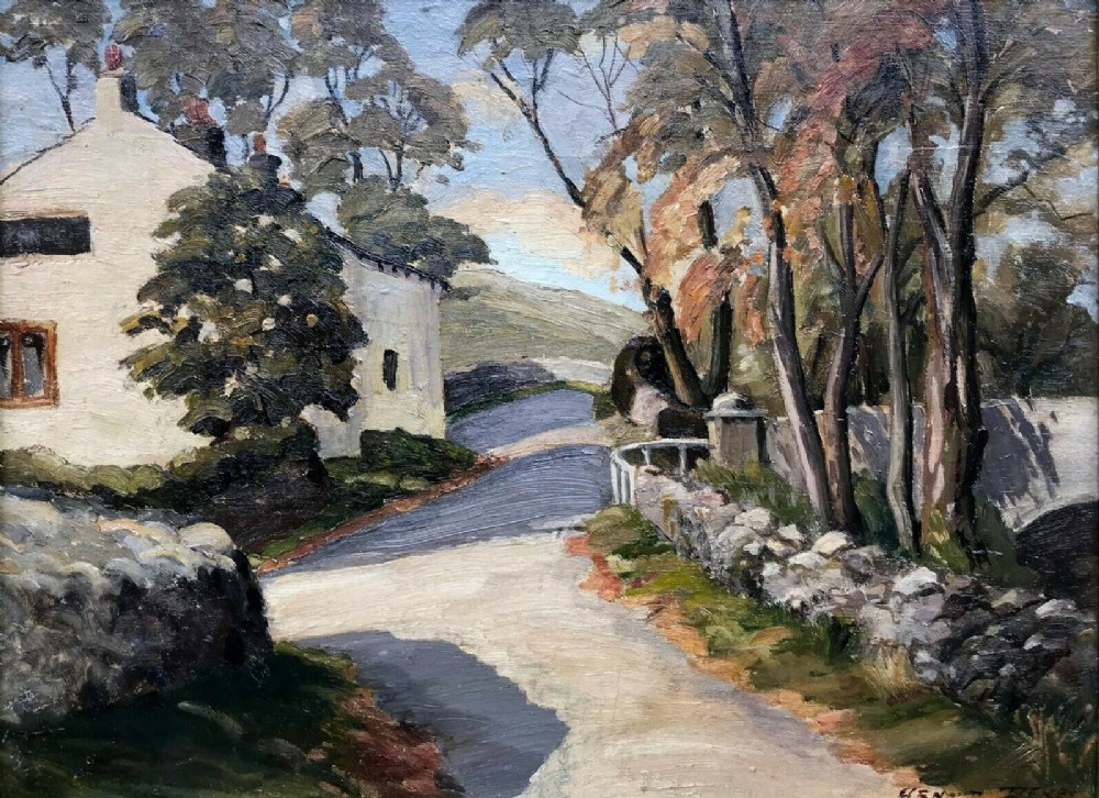 Arnold Denby Signed Original English Vintage Oil Painting on Board  Yorkshire Dales Village Landscape View