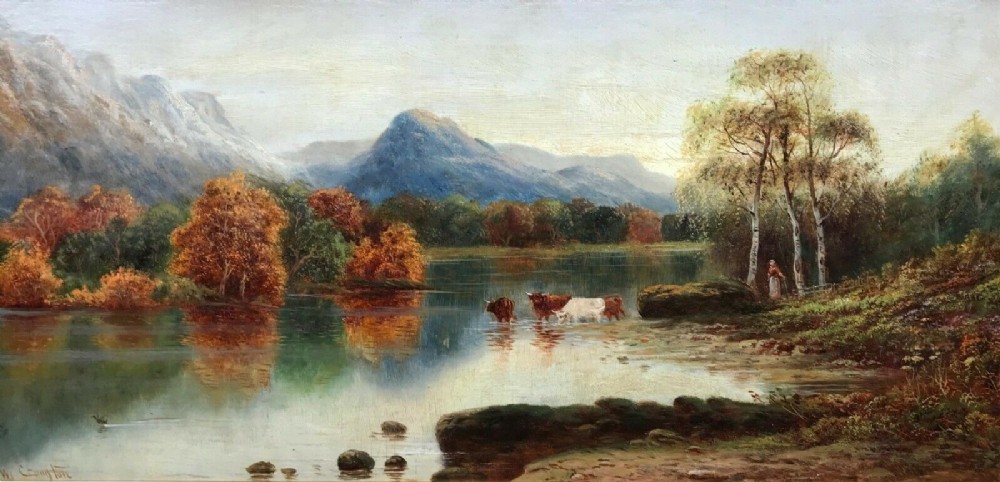 William James Smith Crampton Original Antique Oil Painting Highland Cattle Scene