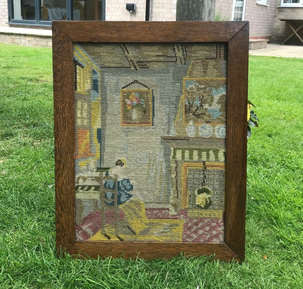 Original Antique Oak Wood Framed Tapestry Wool Work Embroidery Tapestry Victorian Interior Scene