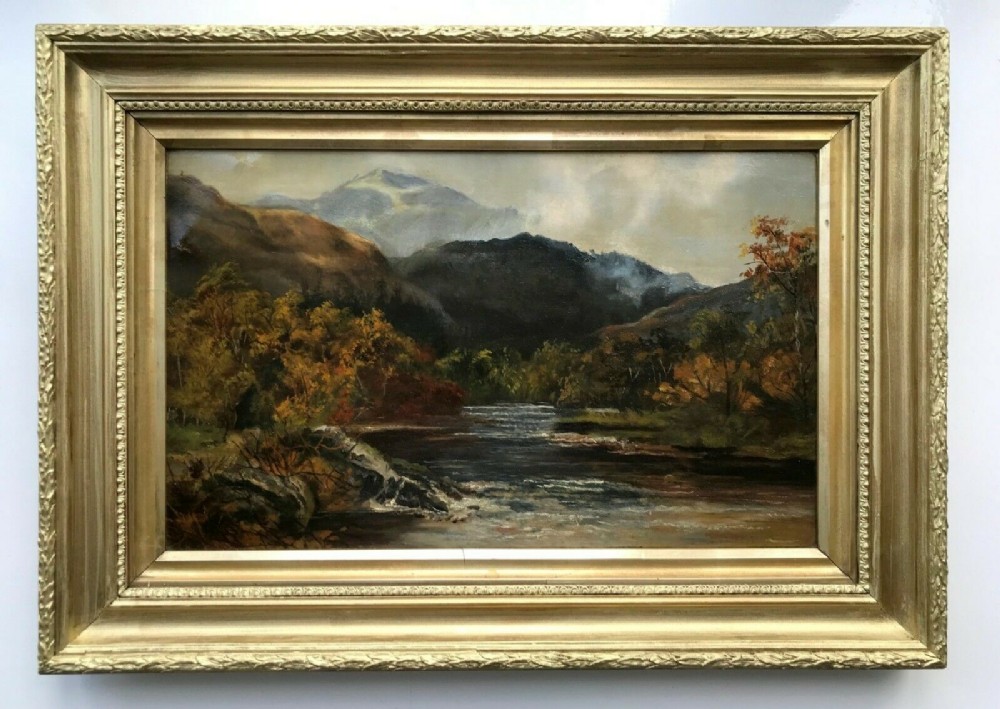 Original Antique Oil Painting on Canvas Scottish Highland Stream Landscape Scene