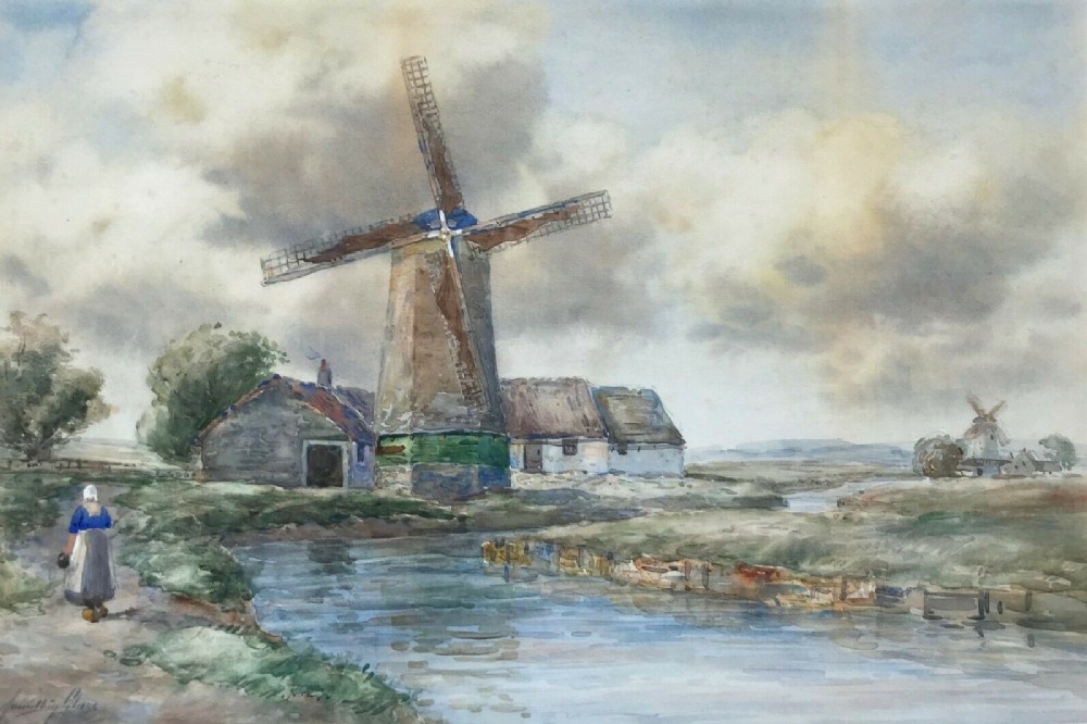 John Hamilton Glass Original Antique Watercolour Painting Veere Windmill Holland Dutch Landscape