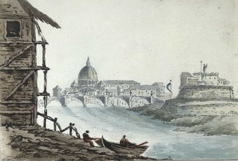 William Page Original Early 19th Century Antique Watercolour Painting Italy Bridge St Angelo Rome Italian Landscape