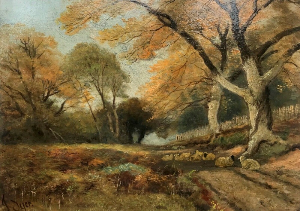 John Syer Signed Original Late 19th Century Antique Oil Painting Sheep Resting in Tree Landscape