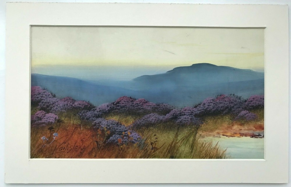 Signed Carlisle Original Antique Gouache Painting Heather on the Moors English Landscape