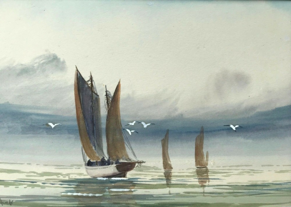 Signed A Hulk Original Antique Watercolour Painting Fishing Devon Titled Verso