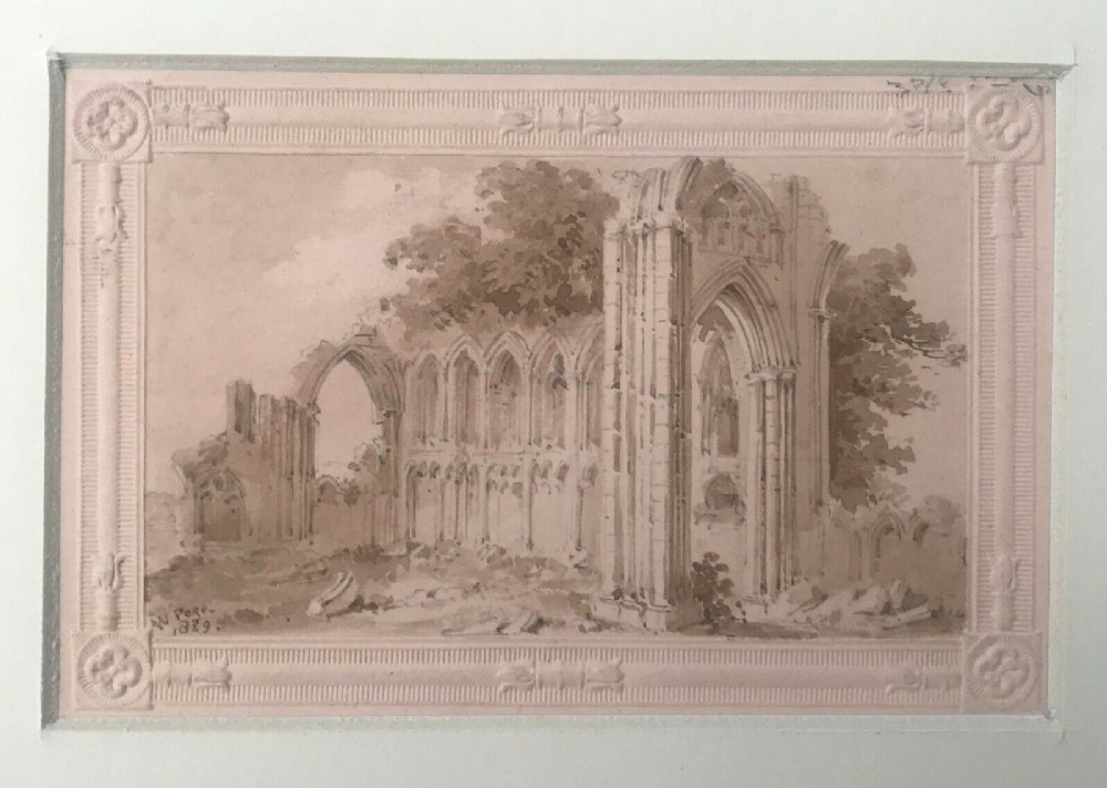 William Page Original Early 19th Century Antique 1829 Watercolour Painting St Mary's Abbey, York Embossed Paper Christmas card with Provenance