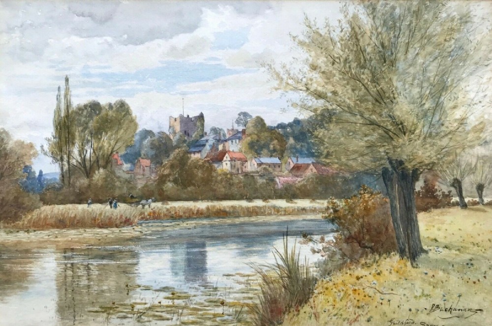 Peter Buchanan Original English Antique Watercolour Painting Guildford Surrey River Landscape