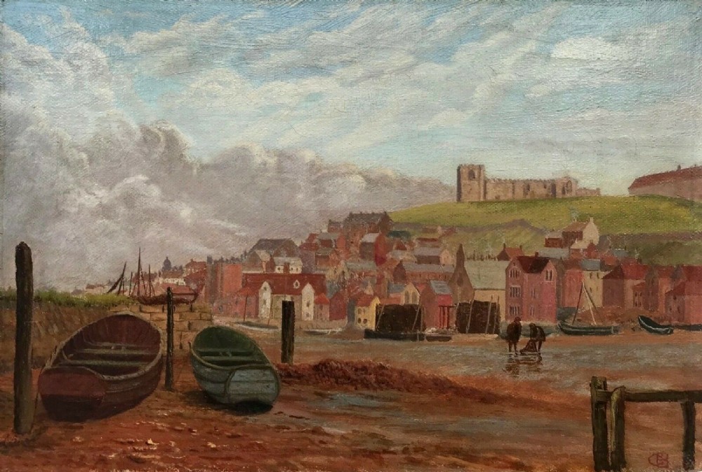 Monogram CB Signed Original Antique Oil Painting on Canvas Whitby Harbour Low Tide Seascape Yorkshire Landscape