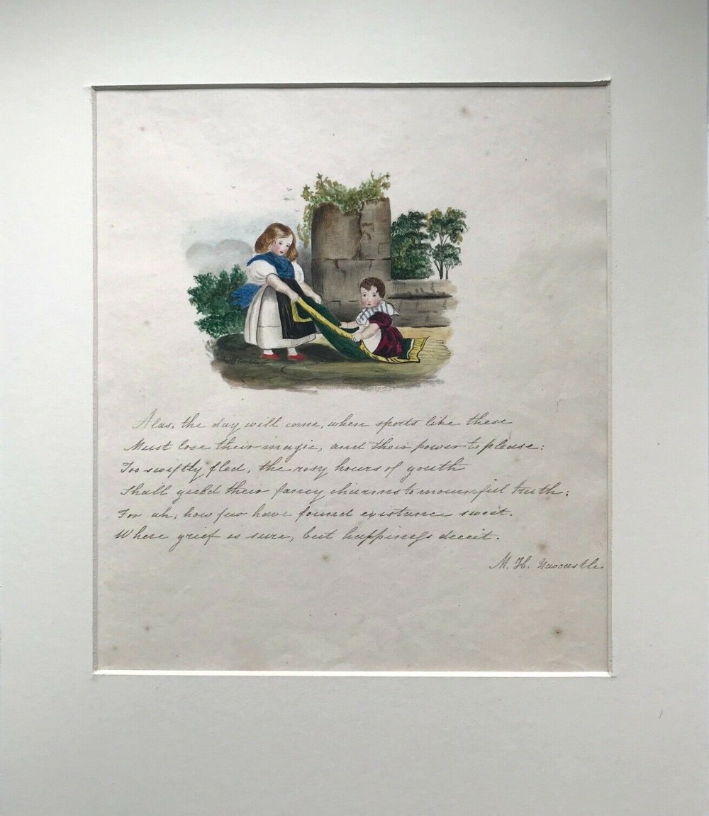 Original Signed Antique Watercolour Painting with a Poem, Young Children Playing