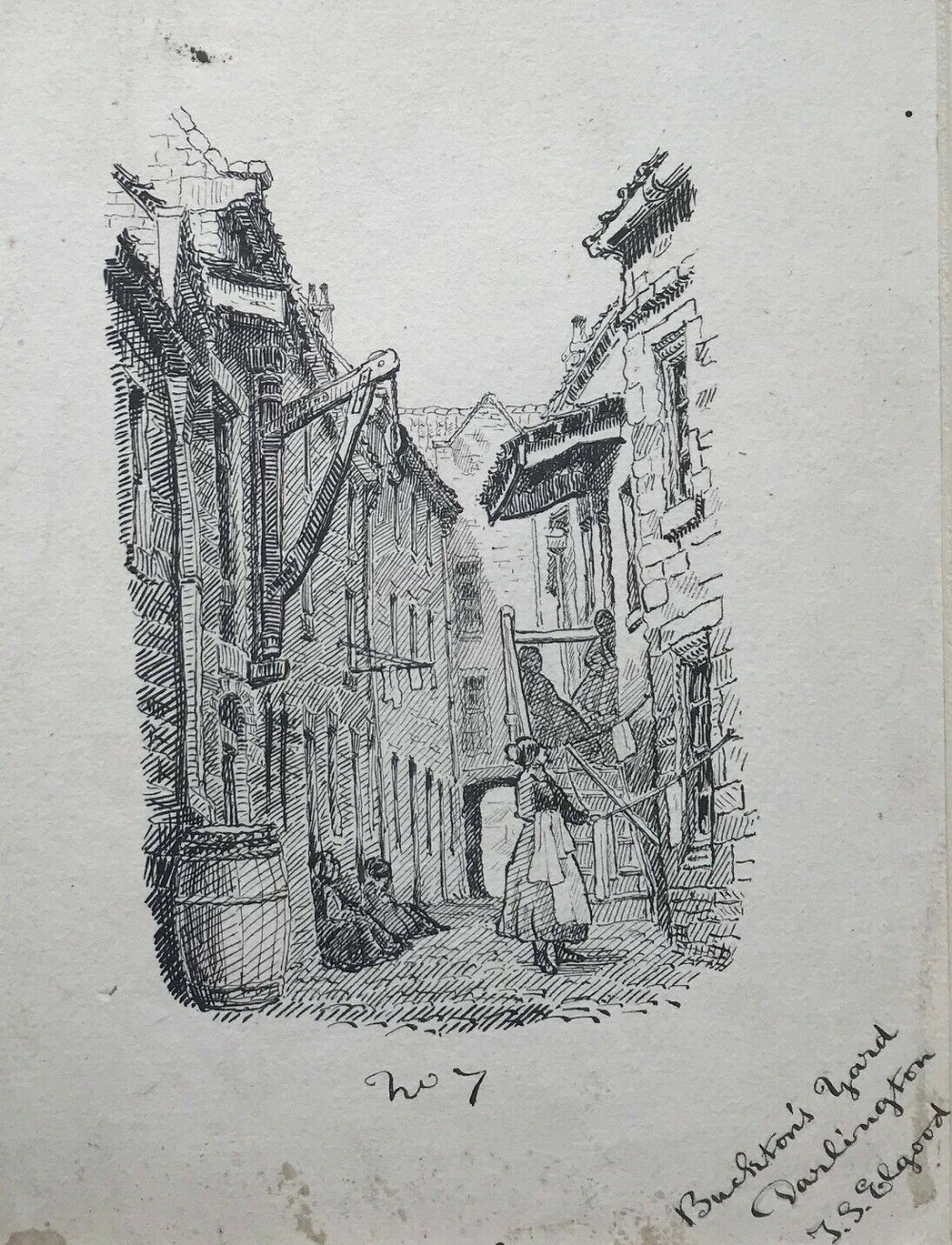 Signed J S Elgood Original Antique Ink Drawing Buckton's Yard in Darlington
