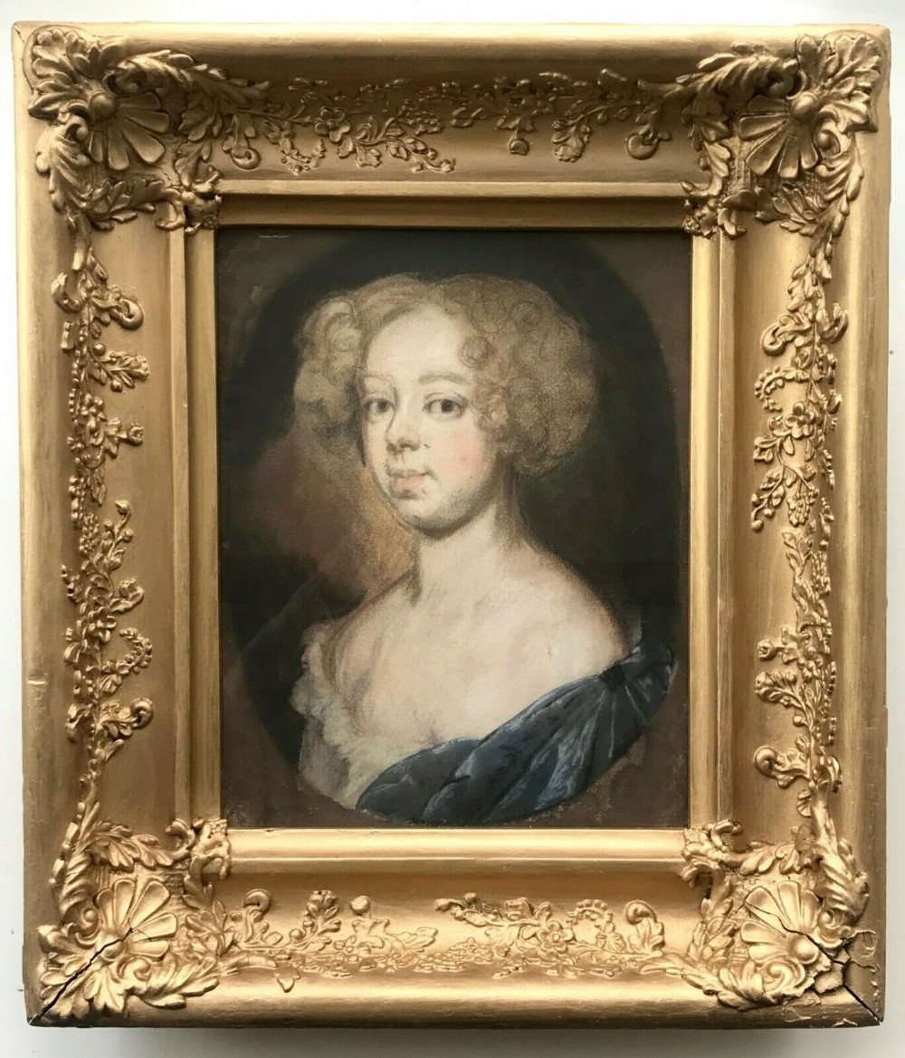 Manner of Sir Peter Lely Antique Pastel Portrait Study Drawing Painting of a Wealthy 17th Century Lady in a Blue Dress