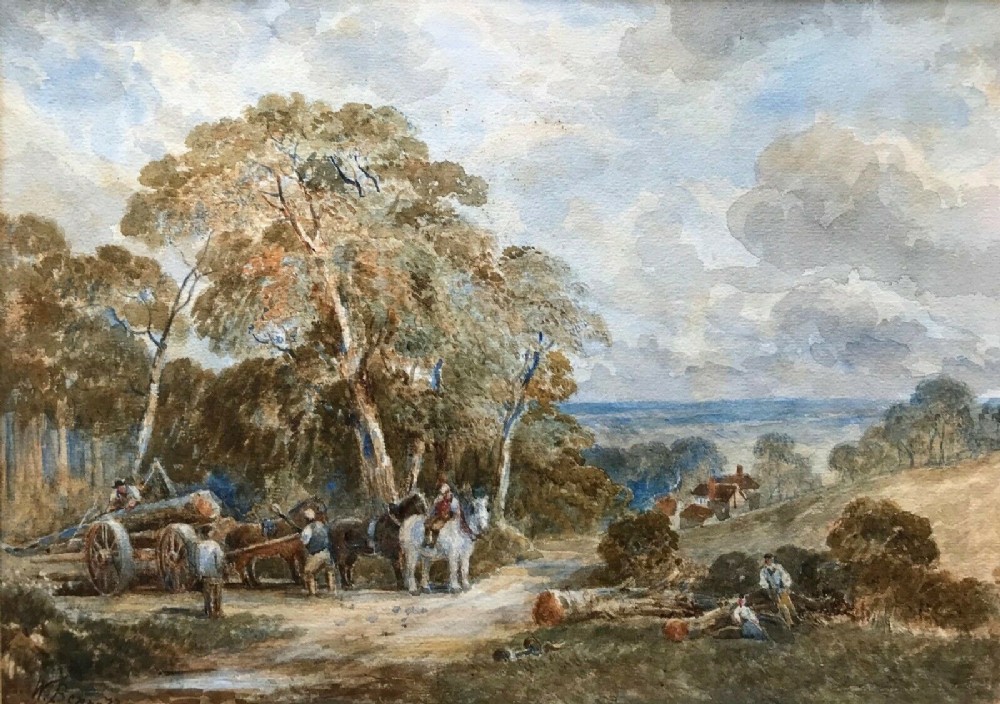 William Bennett NWS Original 19th Century English Watercolour Painting Figures Wood Cutting Landscape