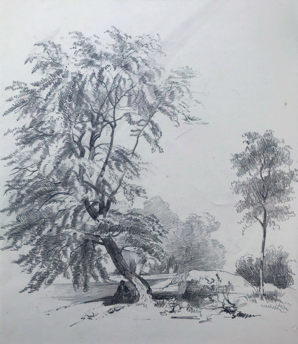 View of a Figure Sat Under Trees Original C19th English Antique Pencil Drawing Sketch Study 