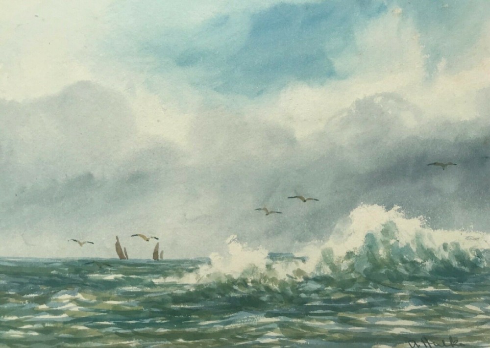 Signed A Hulk Original Antique Watercolour Painting Fishing at Bognor Seascape