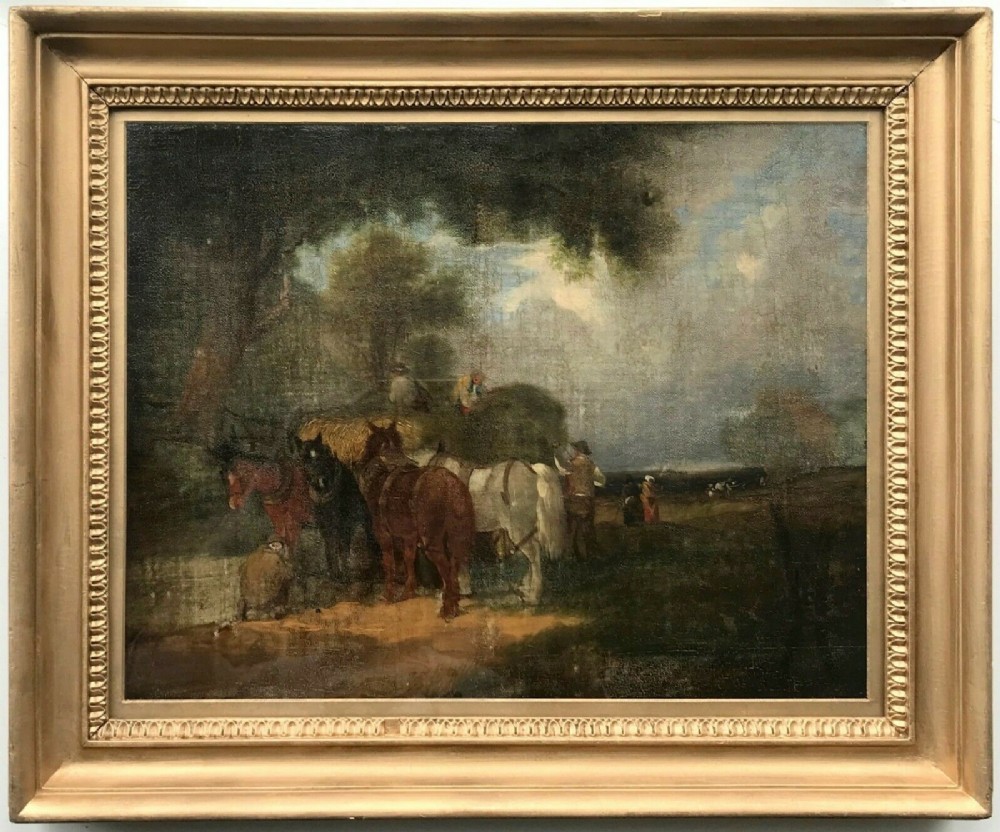 Style of William J Shayer 'Loading the Hay Cart' Original 19th Century English Antique Oil Painting