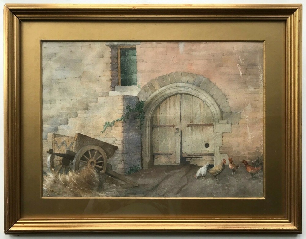 English School c19th century 'York Cottage Sandringham', Original Watercolour Landscape Painting Hay Cart & Hens