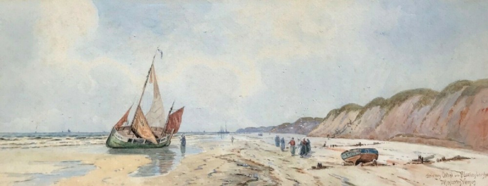 R Warren Vernon 'Belgium, Ostend & Blankenberge' Original 19th Century Antique Watercolour Fishing Seascape Painting