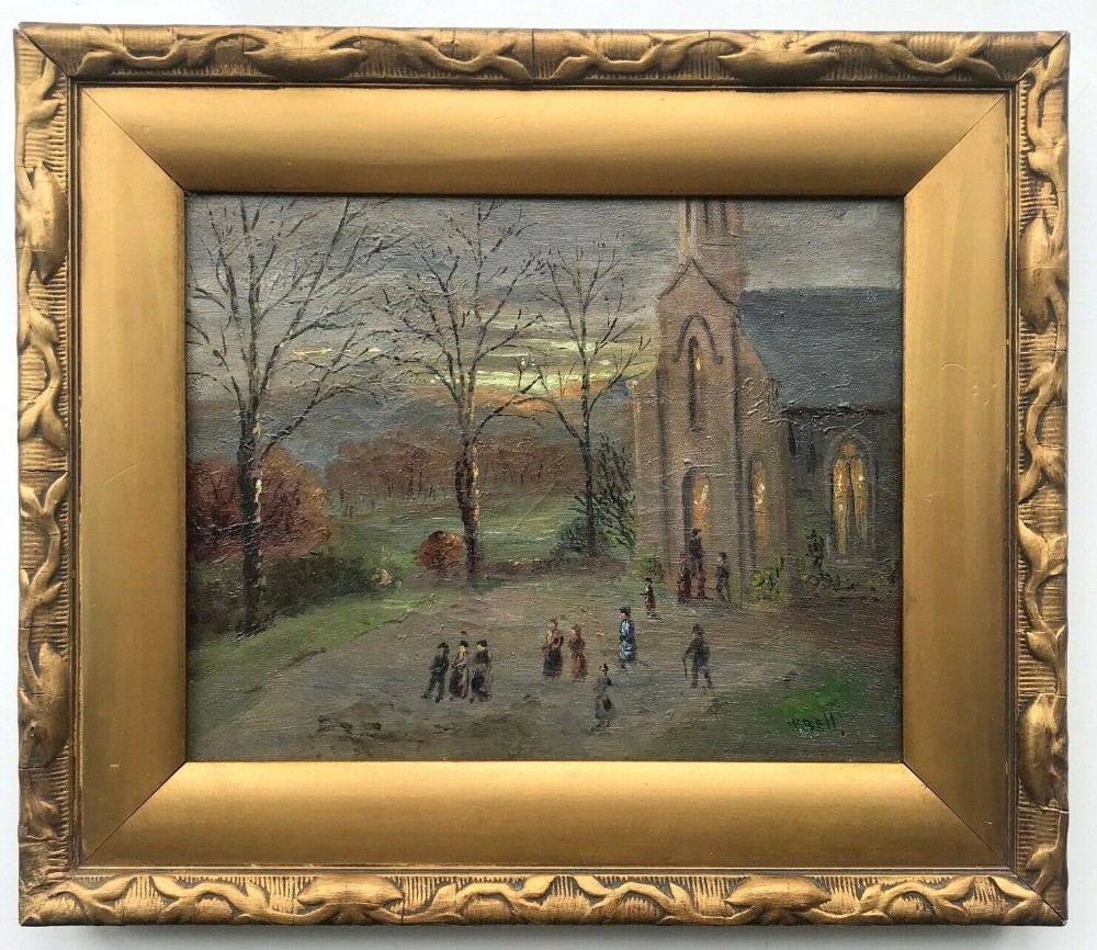 William Bell (RSA Exh.1924) Scottish Antique Oil Painting Garelochhead Parish Church 'At Evening when the Sun was Low'
