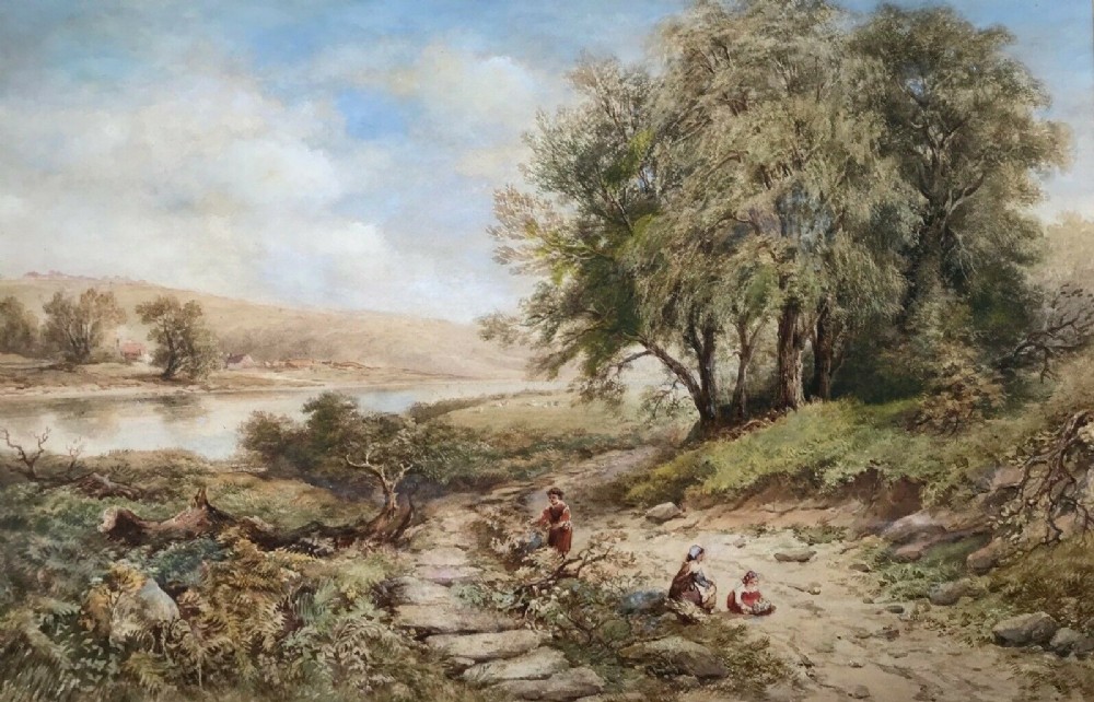 Charles M McArthur 1884 Original 19th Century English Antique Watercolour Painting Children Foraging in a Lakeland landscape 