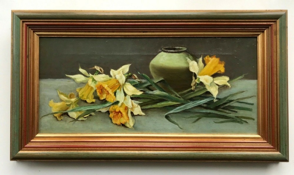 Original Antique Canvas Oil Painting Daffodils & Vase Still Life Flowers