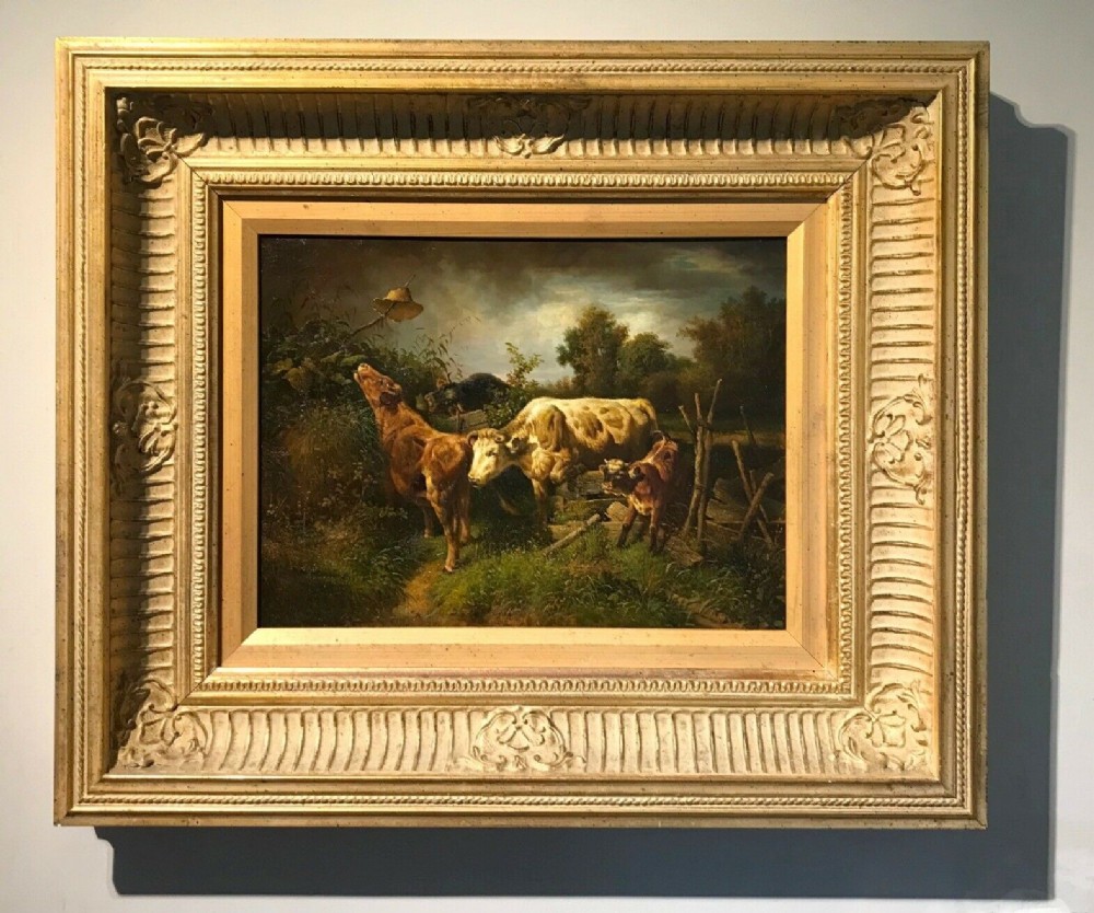 Gilt Framed English School Original Oil Painting Cattle Scene Cows on the Loose