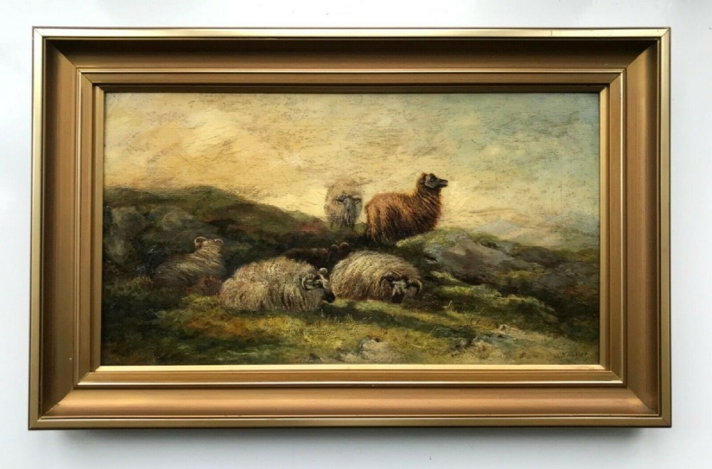 Signed Original Antique Oil Painting on Canvas Sheep Resting Moorland Landscape