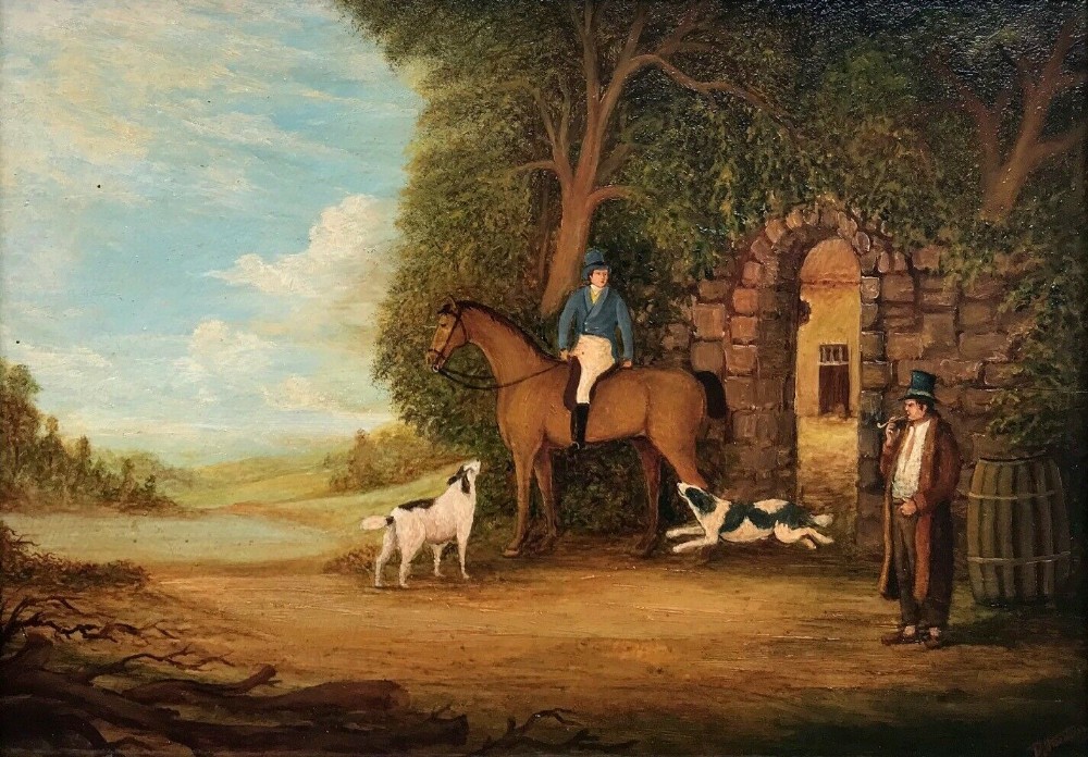 Indistinctly Signed late 18th Century Original English Antique Oil Painting on Wood Panel, Horse Dogs & Master