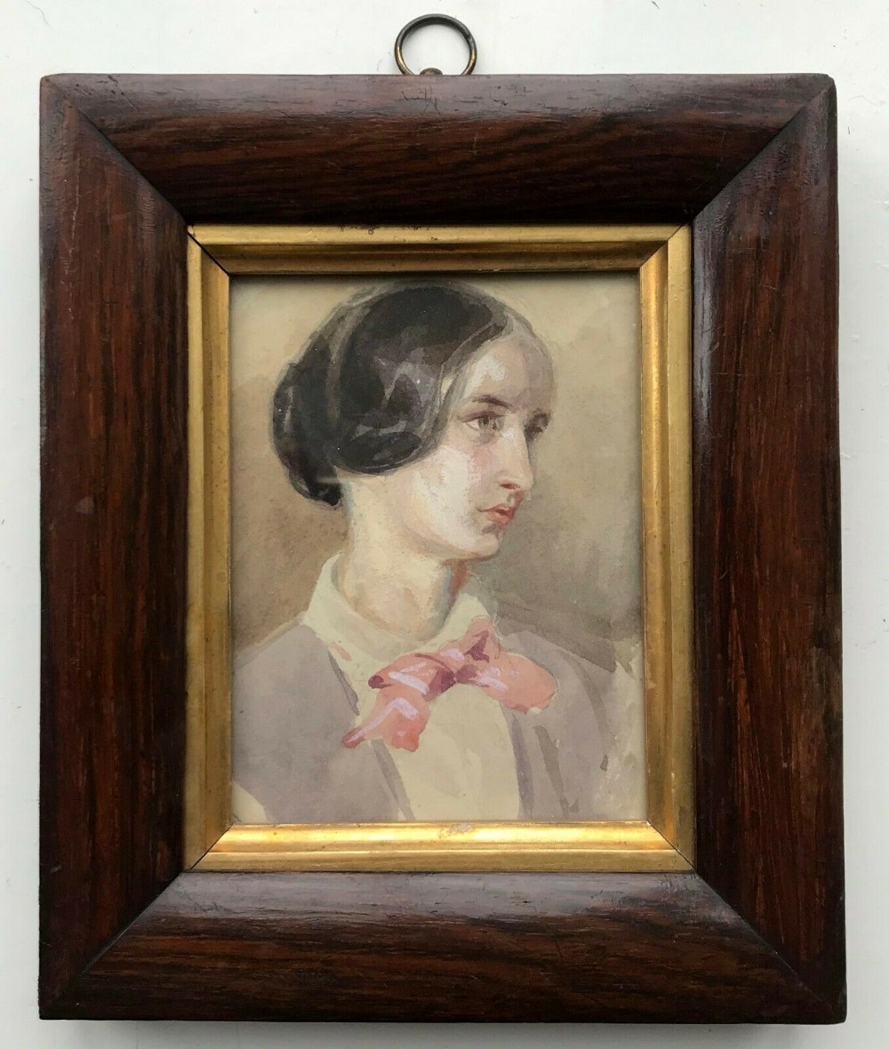 Original Antique Watercolour Painting, Portrait Study of a Lady in Small Wooden Frame