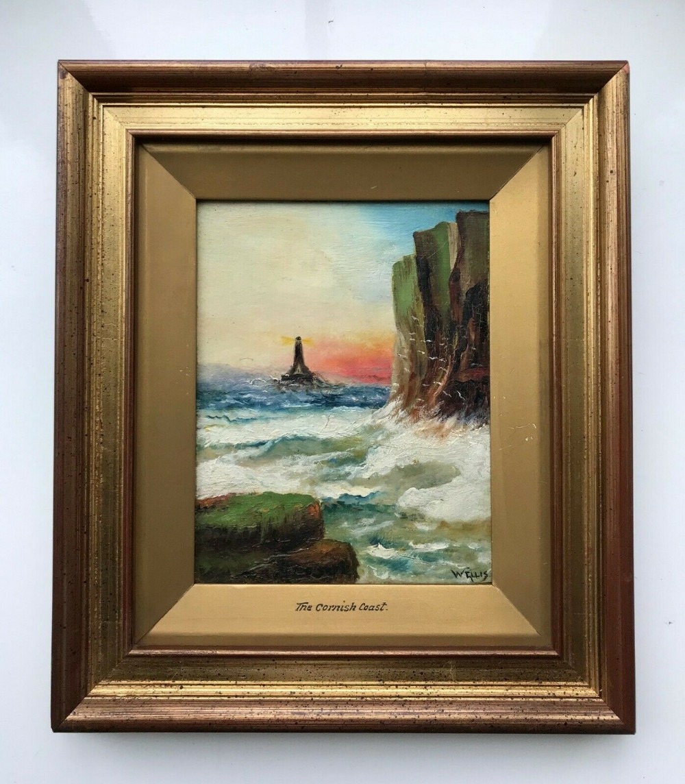 Signed W Ellis Original Antique English Oil Painting Cornish Coast Seascape with Distant Lighthouse