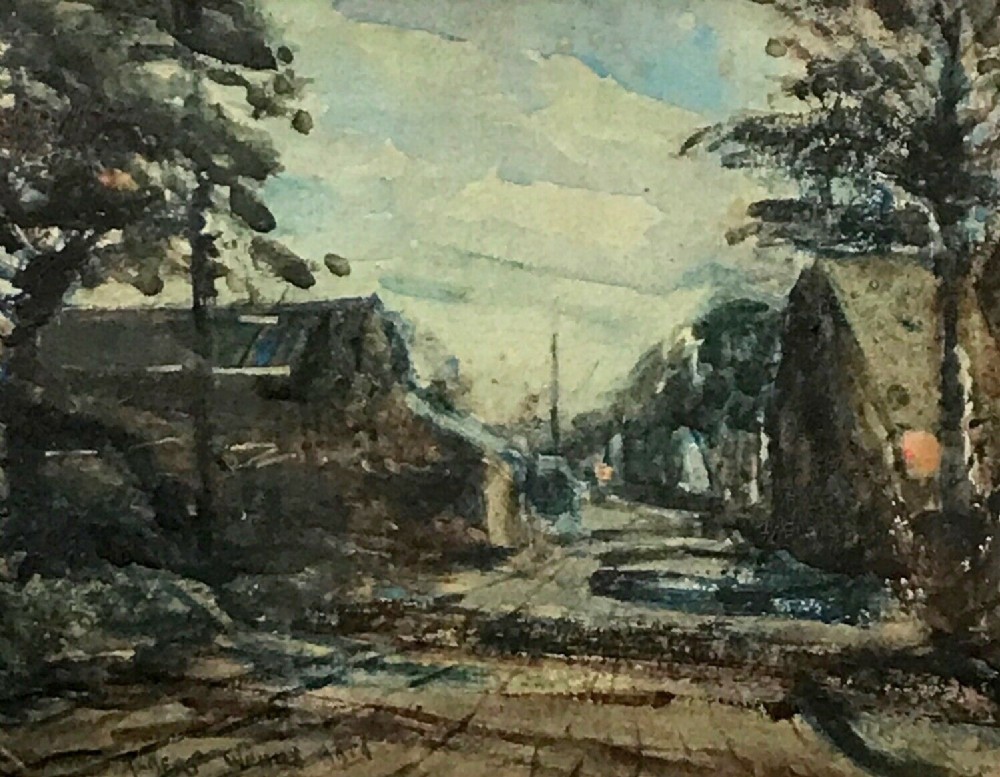 Albert Woods ARCA Original Antique Watercolour Painting The Highway Moonlight Landscape