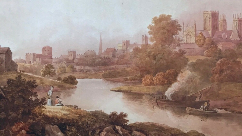Early 19th Century English Antique Watercolour Painting York South West View Minster & Figures by the River Foss