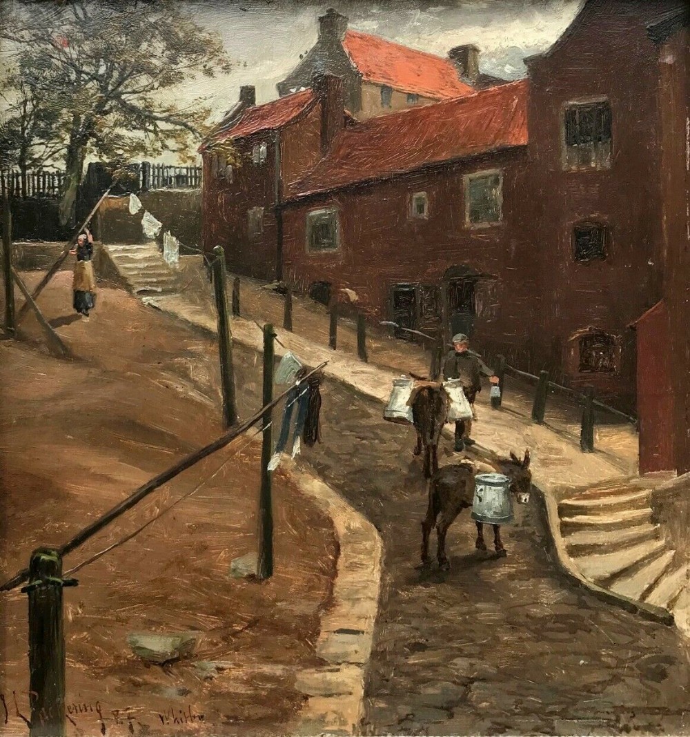 Joseph L Pickering RBA ROI Signed Original Antique Oil Painting on Wooden Panel, Skate Street Whitby North Yorkshire Coast