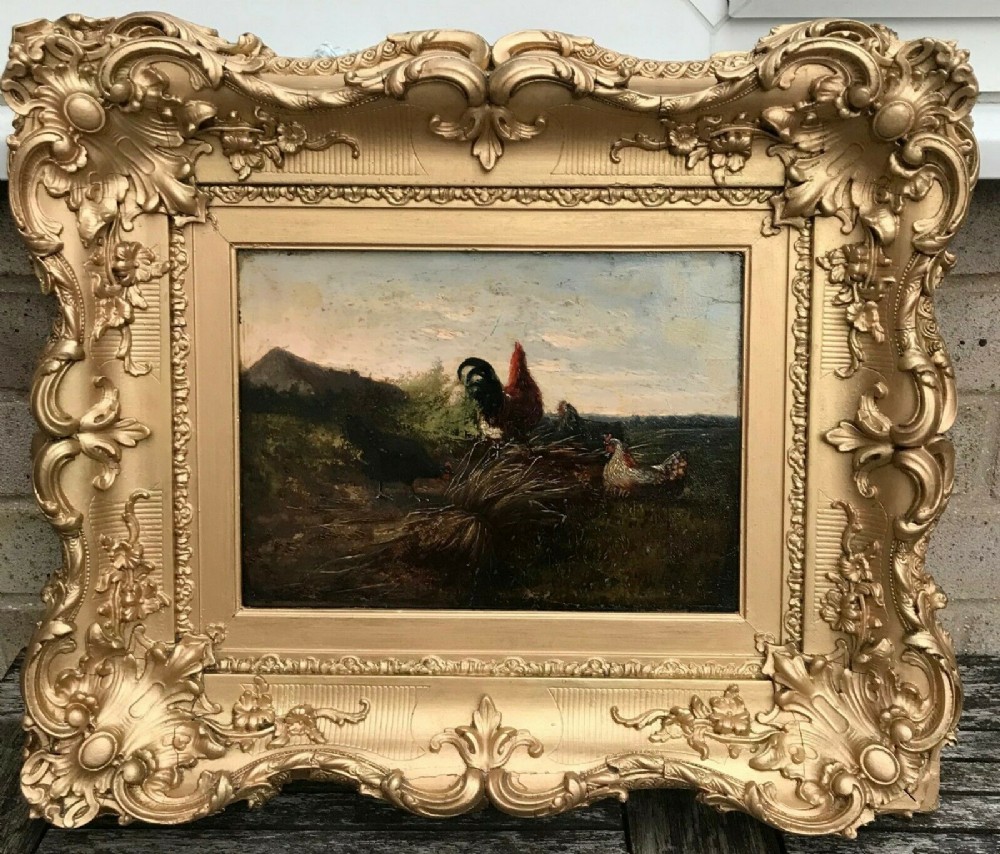 Circle of Cornelius Van Leemputten Original 19th Century Antique Oil Painting on Wooden panel Chickens & Hay in Period Frame