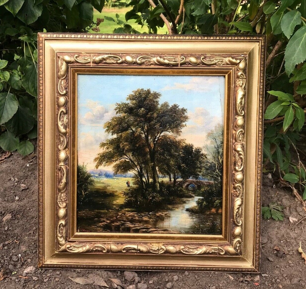 Original Early c20th Signed Antique Oil Painting on Wooden Panel Landscape River Scene with Figures