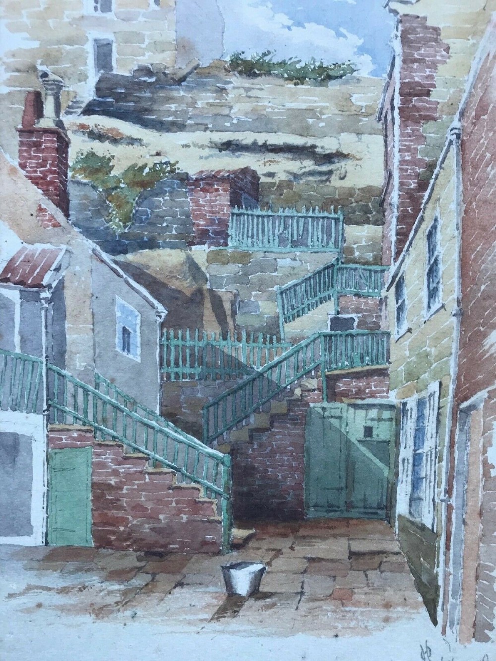Original Antique Watercolour Painting Monogram Signed 1899 Whitby North Yorkshire Coast, Yard & Houses