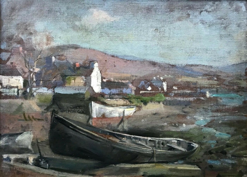 Thomas Hasted Heath Original 19th Century Oil Painting on Board Fishing Boats in Coastal Village