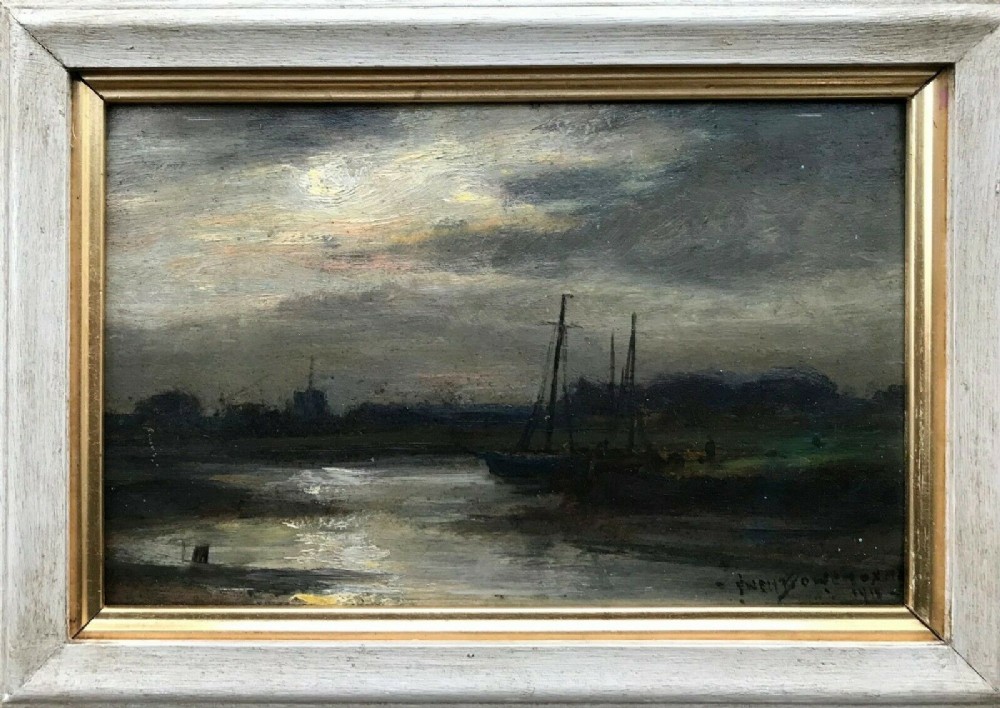 OWEN BOWEN Original 1915 Signed Antique Oil Painting Yorkshire Landscape Moonlight River View