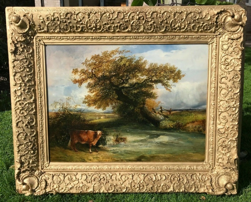 John Nicholas Rhodes Signed 1841 Original 19th Century English Rural Landscape Painting Cattle Watering by a River